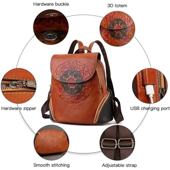 Women\'s Brown Genuine Leather Anti Theft Backpack With Charging Port Backpack main image 4